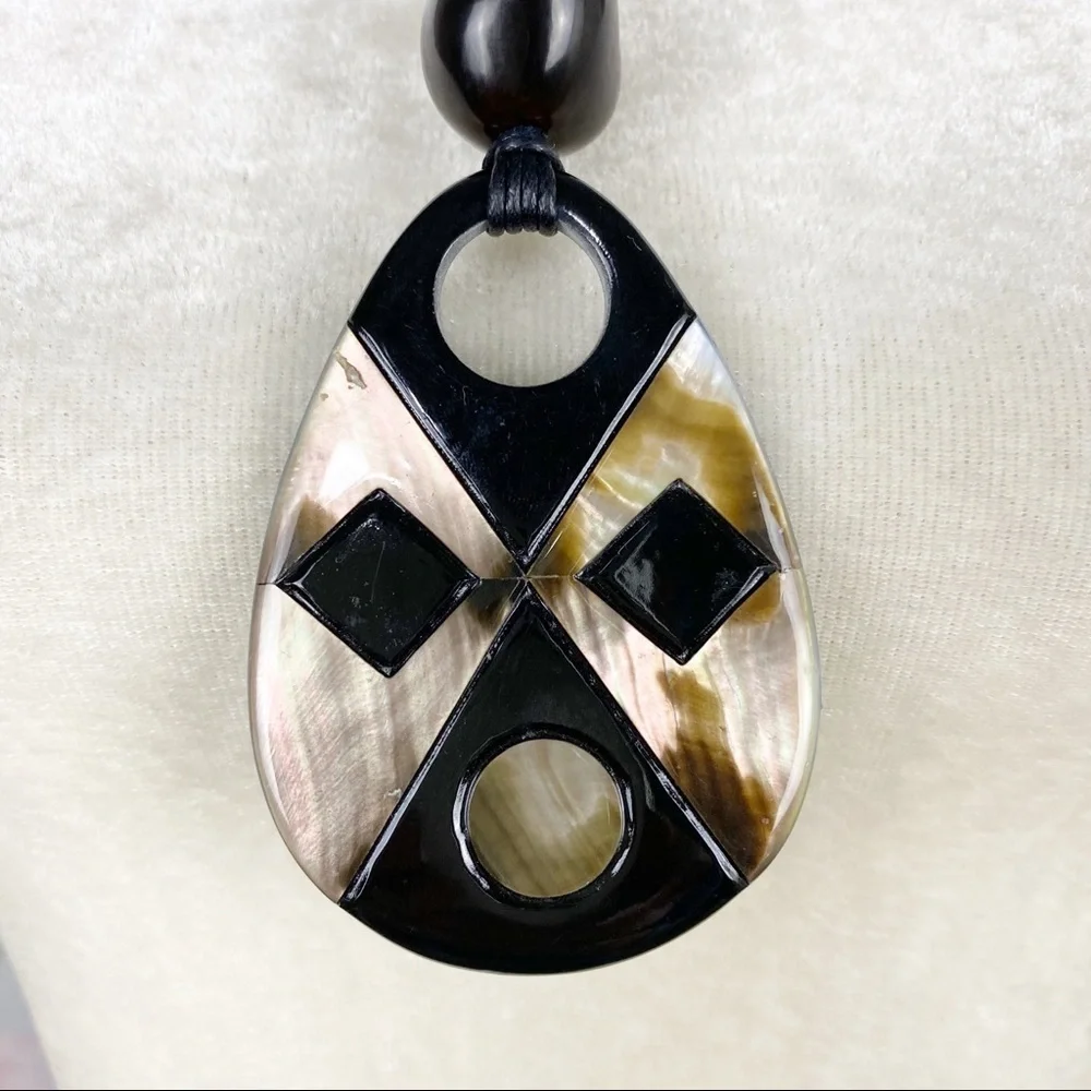 Bohemian Boho Black Wood Shell Statement Necklace